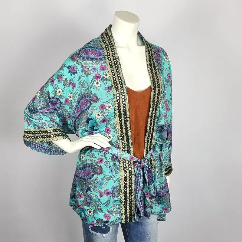 Indian silk-mix kimono top - kimono blouse made from vintage saree fabrics with mirrorwork