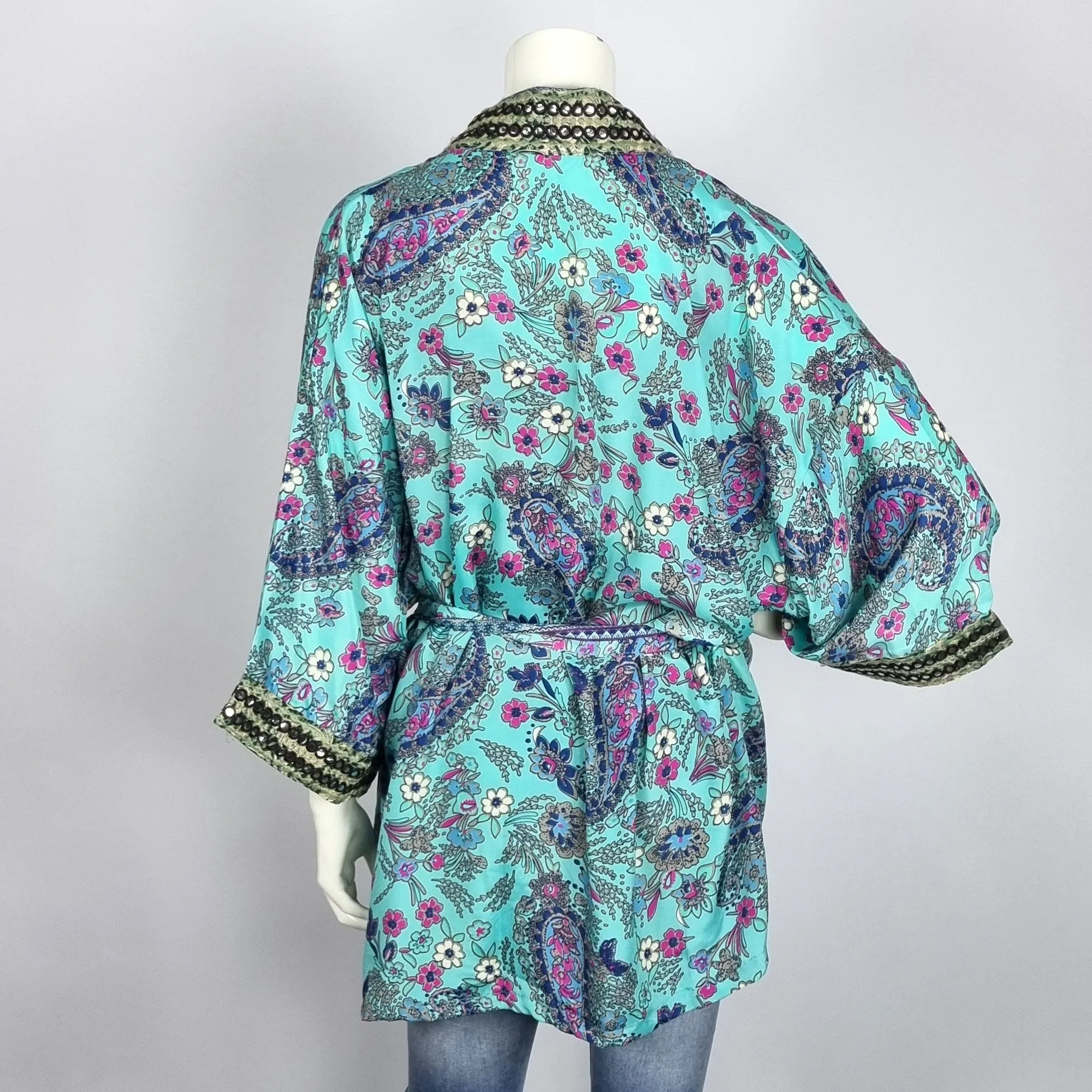 Indian silk-mix kimono top - kimono blouse made from vintage saree fabrics with mirrorwork
