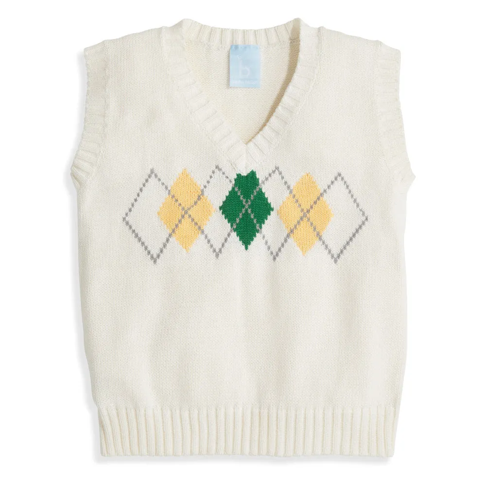 Intarsia Argyle Vest -- Ivory w/ Green & Yellow
