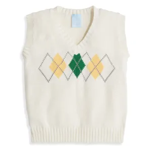 Intarsia Argyle Vest -- Ivory w/ Green & Yellow