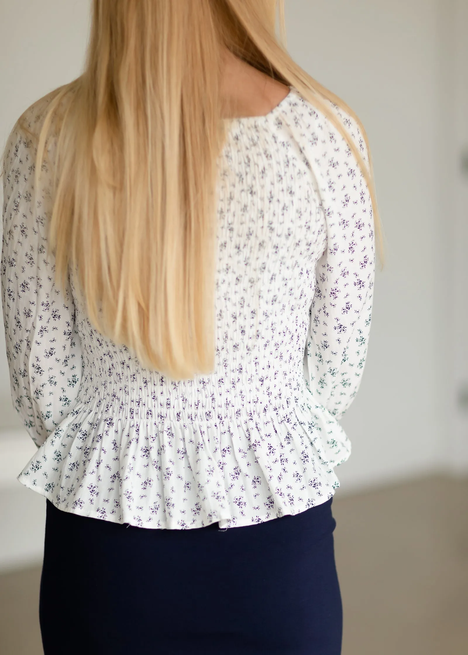 Ivory Floral Smocked Blouse