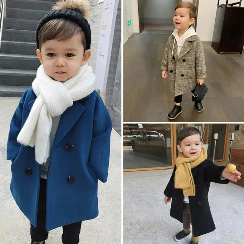 Jackets Child  Girl Woolen Double-breasted Baby Trench Coat Lapel Autumn Kids Outerwear  Winter Wool Overcoat