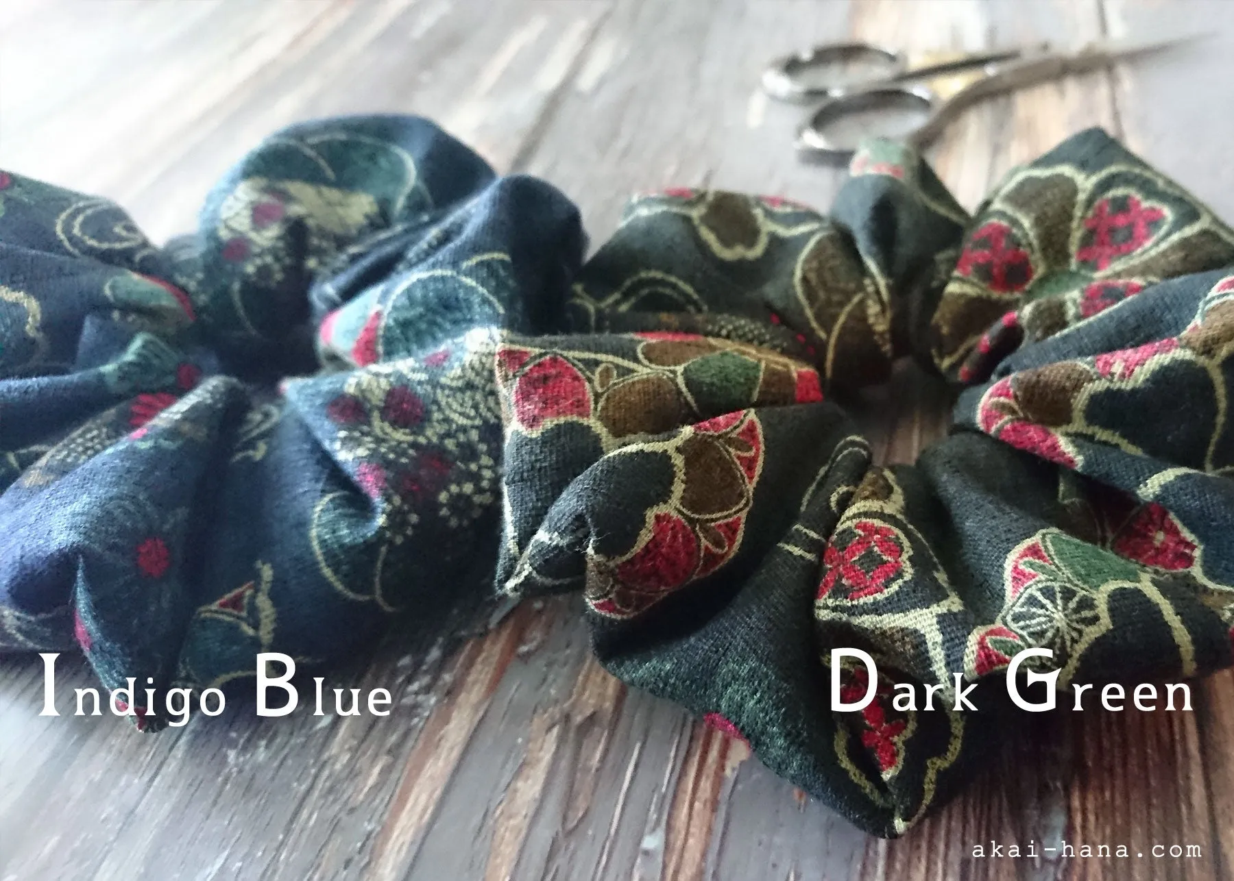 Japanese Handmade Kimono style Scrunchies, Vintage Floral, Indigo Blue, scjf0045