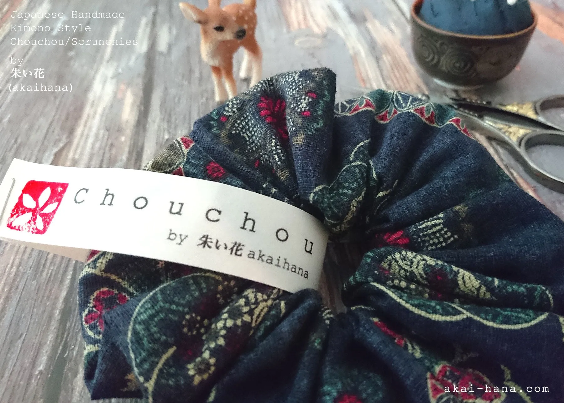 Japanese Handmade Kimono style Scrunchies, Vintage Floral, Indigo Blue, scjf0045