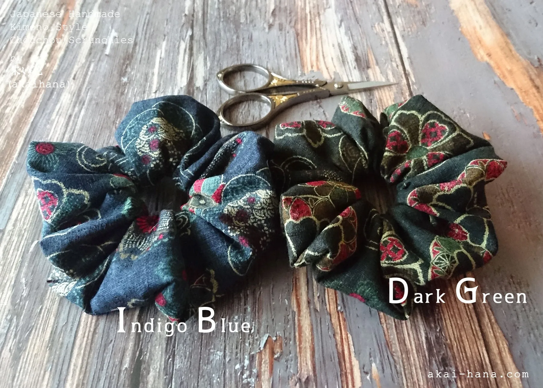 Japanese Handmade Kimono style Scrunchies, Vintage Floral, Indigo Blue, scjf0045