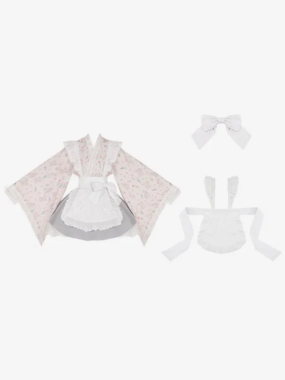 Japanese Style Lolita Costumes Lolita Dresses Polyester Bows Floral Print Kimono Long Sleeves Pink
