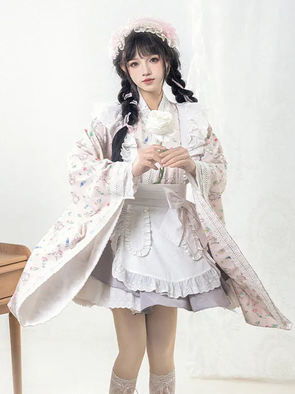 Japanese Style Lolita Costumes Lolita Dresses Polyester Bows Floral Print Kimono Long Sleeves Pink