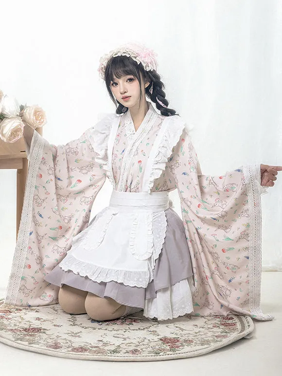 Japanese Style Lolita Costumes Lolita Dresses Polyester Bows Floral Print Kimono Long Sleeves Pink