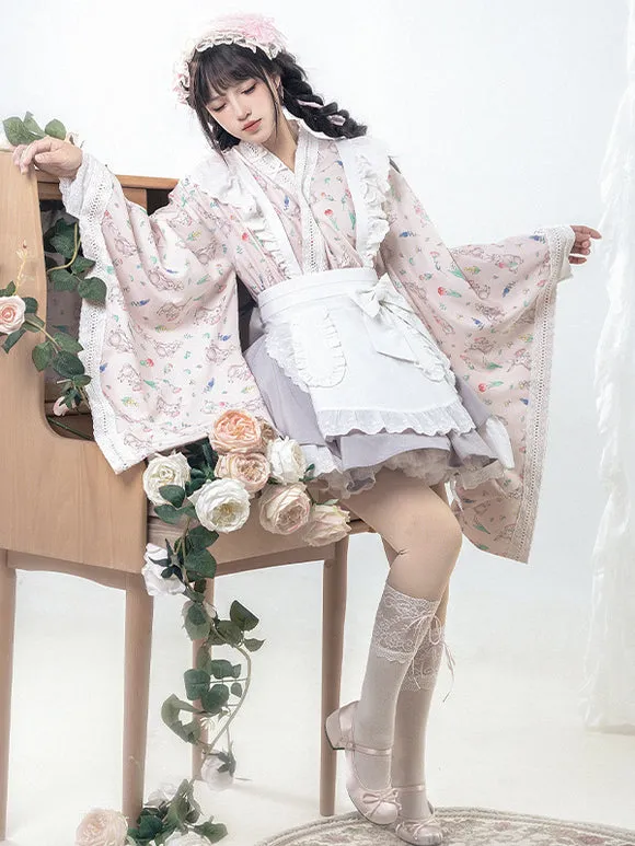 Japanese Style Lolita Costumes Lolita Dresses Polyester Bows Floral Print Kimono Long Sleeves Pink