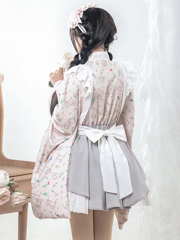 Japanese Style Lolita Costumes Lolita Dresses Polyester Bows Floral Print Kimono Long Sleeves Pink
