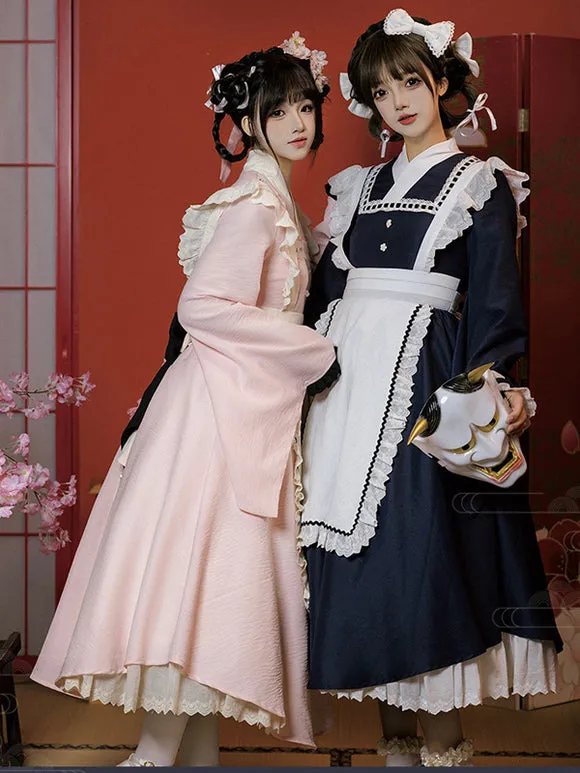 Japanese Style Lolita Costumes Lolita Dresses Polyester Bows Two-Tone Kimono Long Sleeves Black