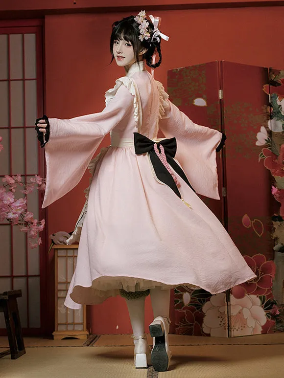 Japanese Style Lolita Costumes Lolita Dresses Polyester Bows Two-Tone Kimono Long Sleeves Black