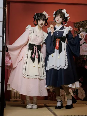 Japanese Style Lolita Costumes Lolita Dresses Polyester Bows Two-Tone Kimono Long Sleeves Black