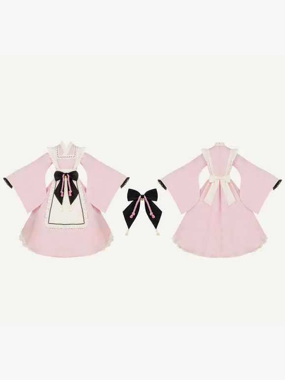 Japanese Style Lolita Costumes Lolita Dresses Polyester Bows Two-Tone Kimono Long Sleeves Black