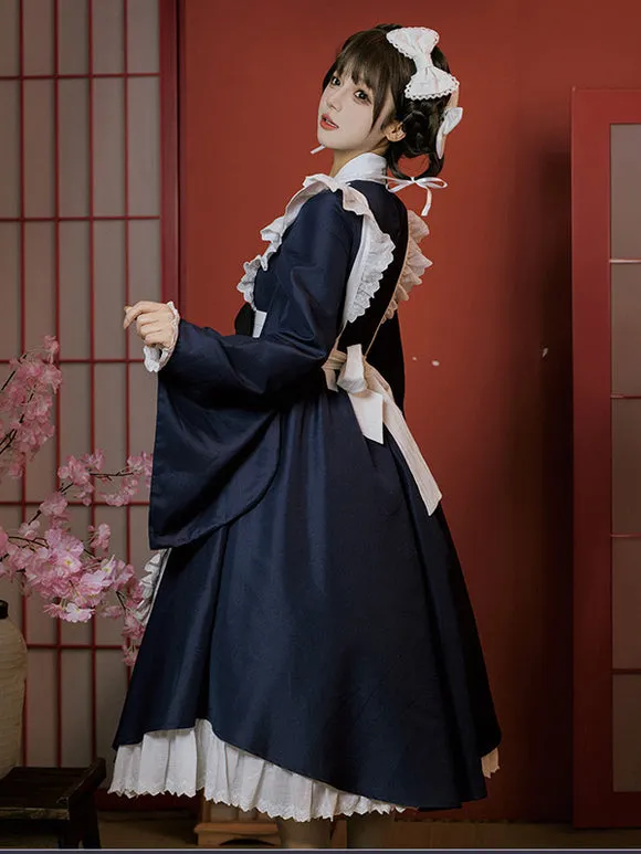 Japanese Style Lolita Costumes Lolita Dresses Polyester Bows Two-Tone Kimono Long Sleeves Black