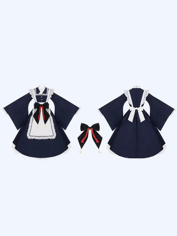 Japanese Style Lolita Costumes Lolita Dresses Polyester Bows Two-Tone Kimono Long Sleeves Black