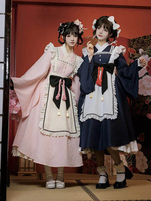 Japanese Style Lolita Costumes Lolita Dresses Polyester Bows Two-Tone Kimono Long Sleeves Black