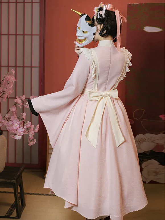 Japanese Style Lolita Costumes Lolita Dresses Polyester Bows Two-Tone Kimono Long Sleeves Black
