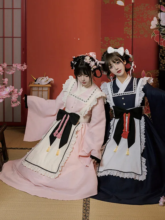 Japanese Style Lolita Costumes Lolita Dresses Polyester Bows Two-Tone Kimono Long Sleeves Black