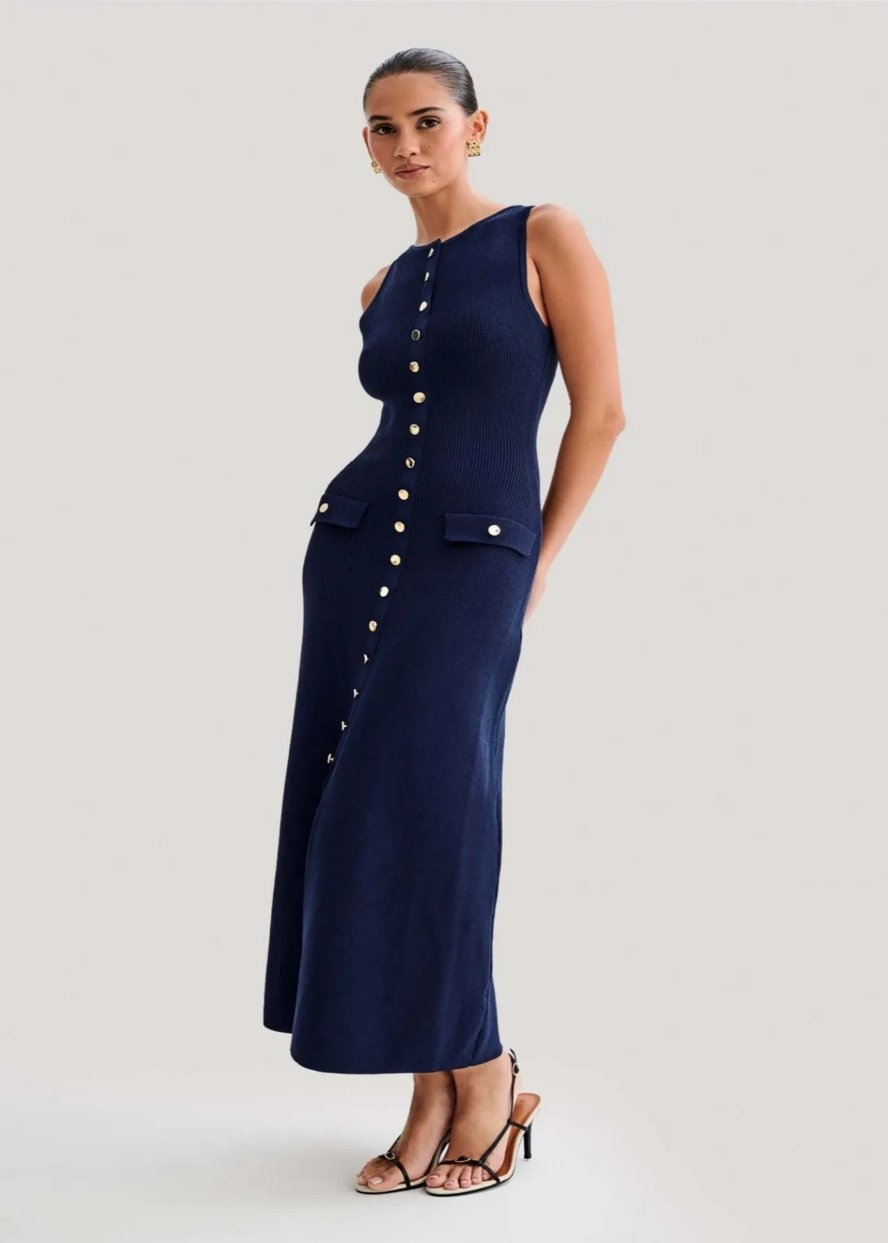 Juliette - Ribbed Knit Button Midi Dress