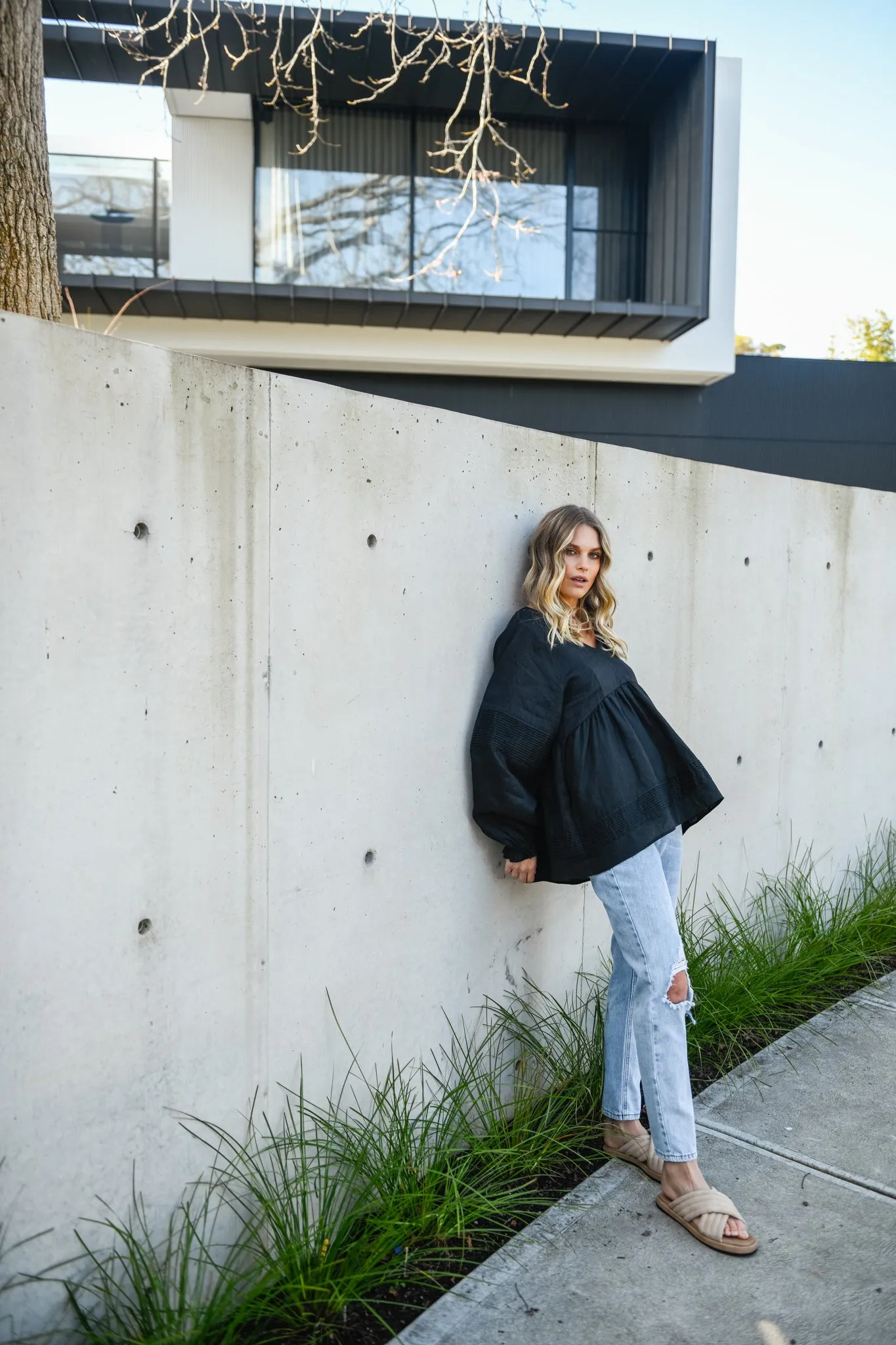 KARLIE LINEN BLOUSE - BLACK