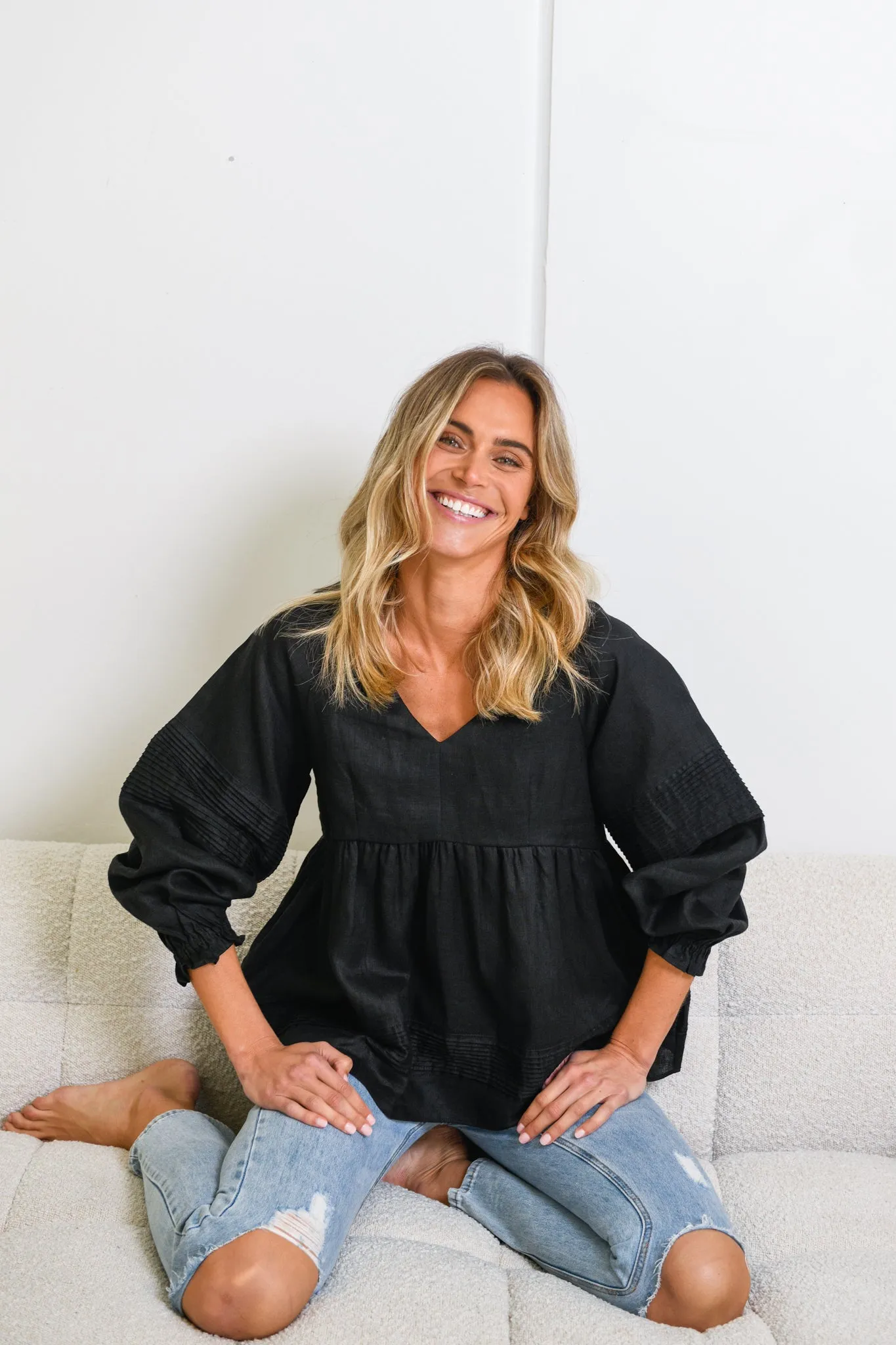 KARLIE LINEN BLOUSE - BLACK