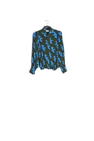 Khaki and turquoise baloon sleeves print shirt