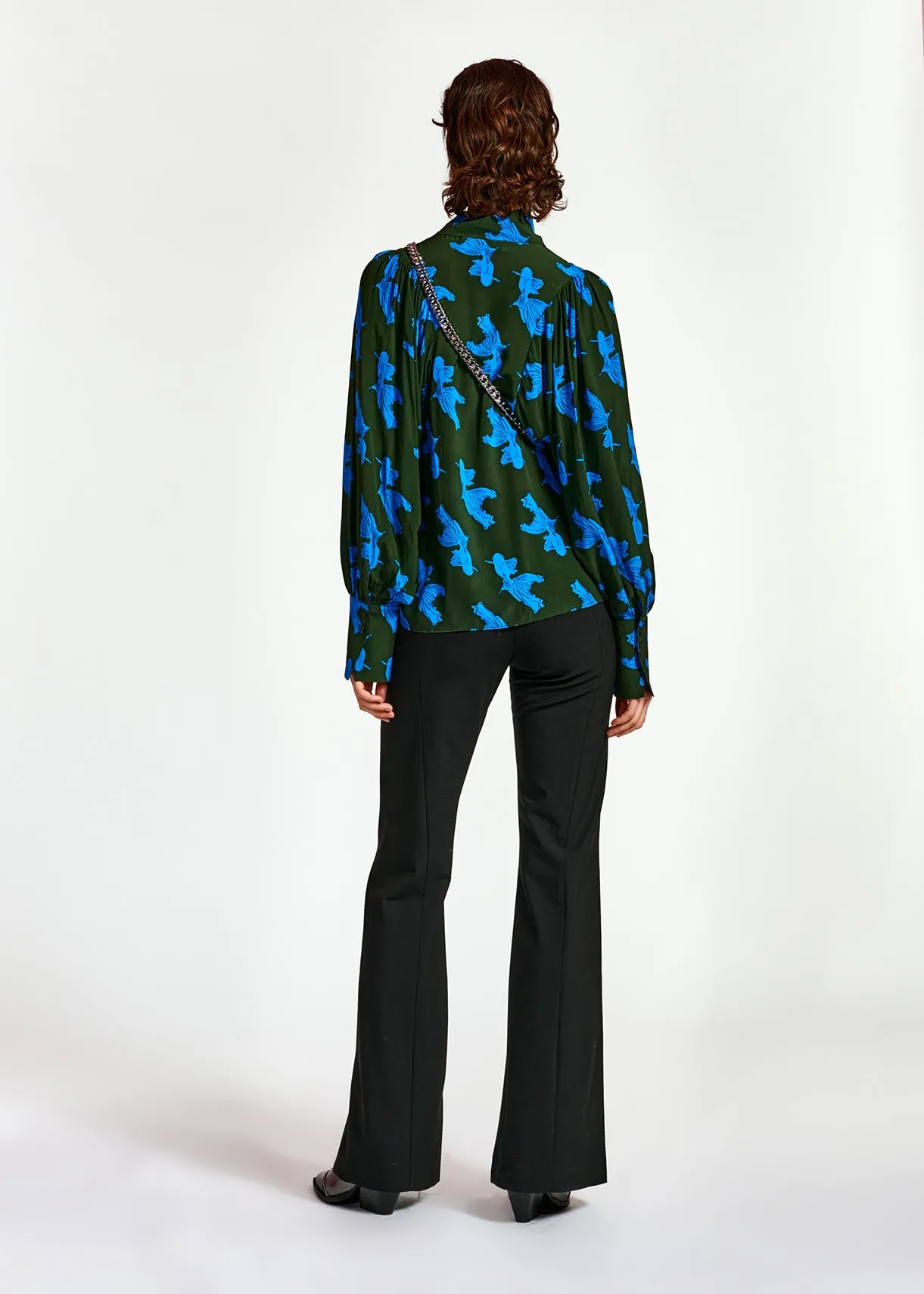Khaki and turquoise baloon sleeves print shirt