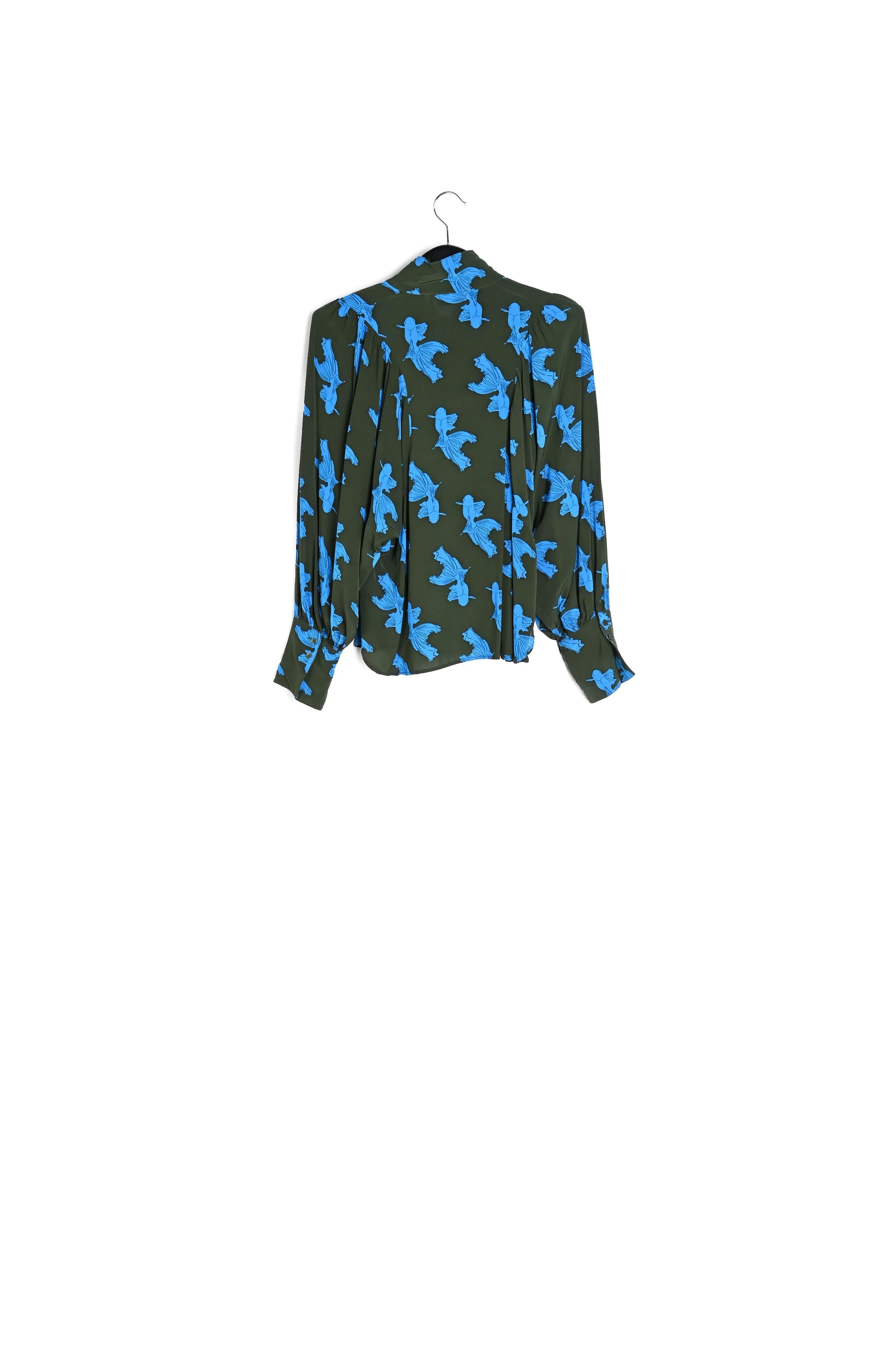 Khaki and turquoise baloon sleeves print shirt