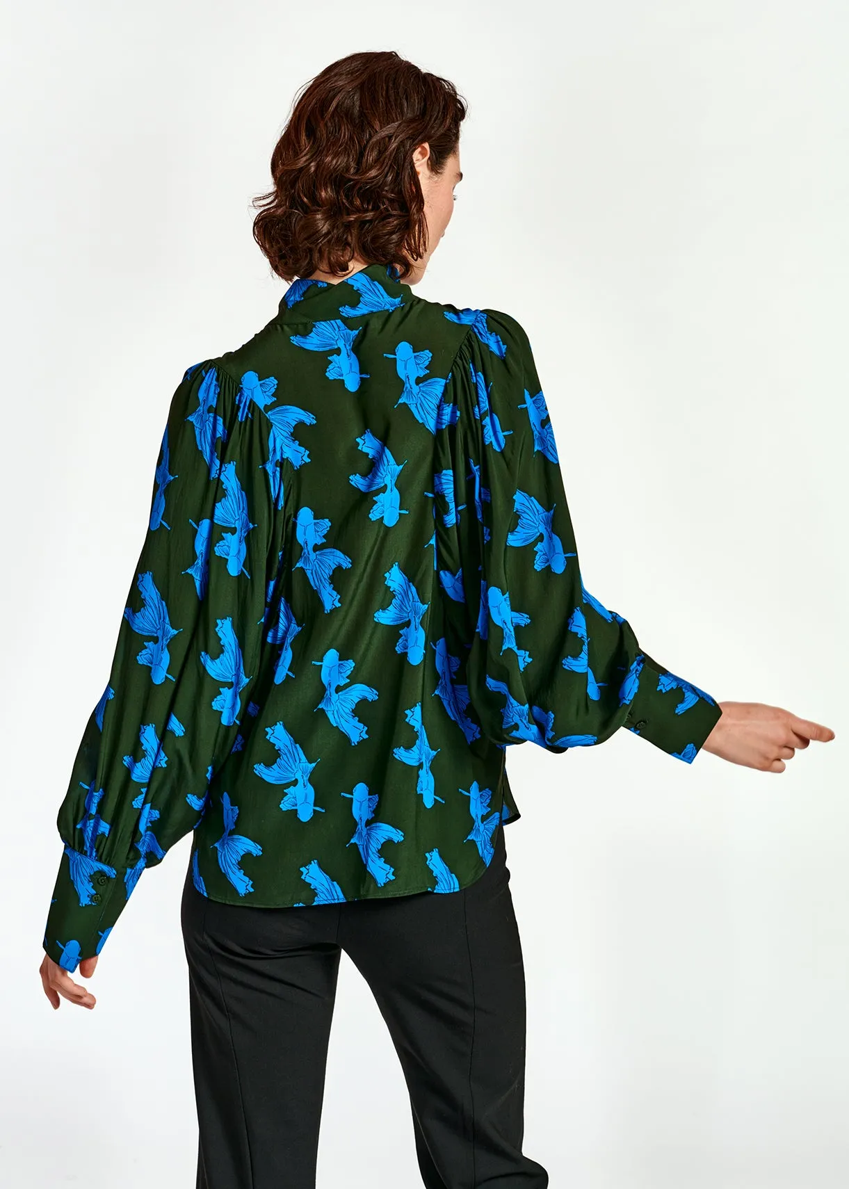 Khaki and turquoise baloon sleeves print shirt