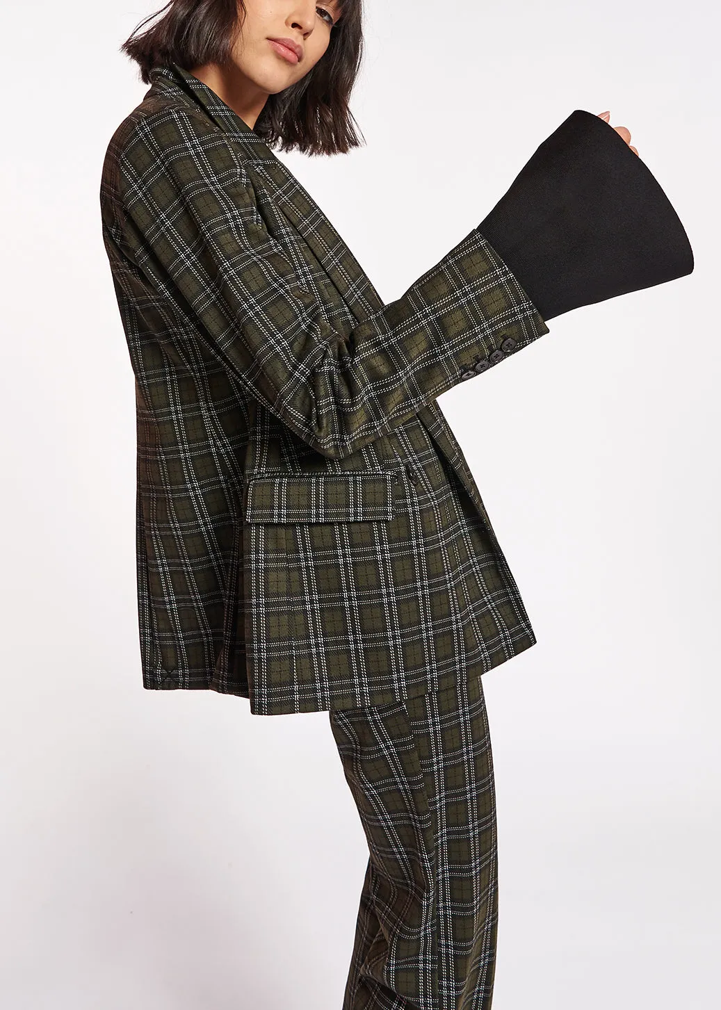 Khaki double-breasted check blazer