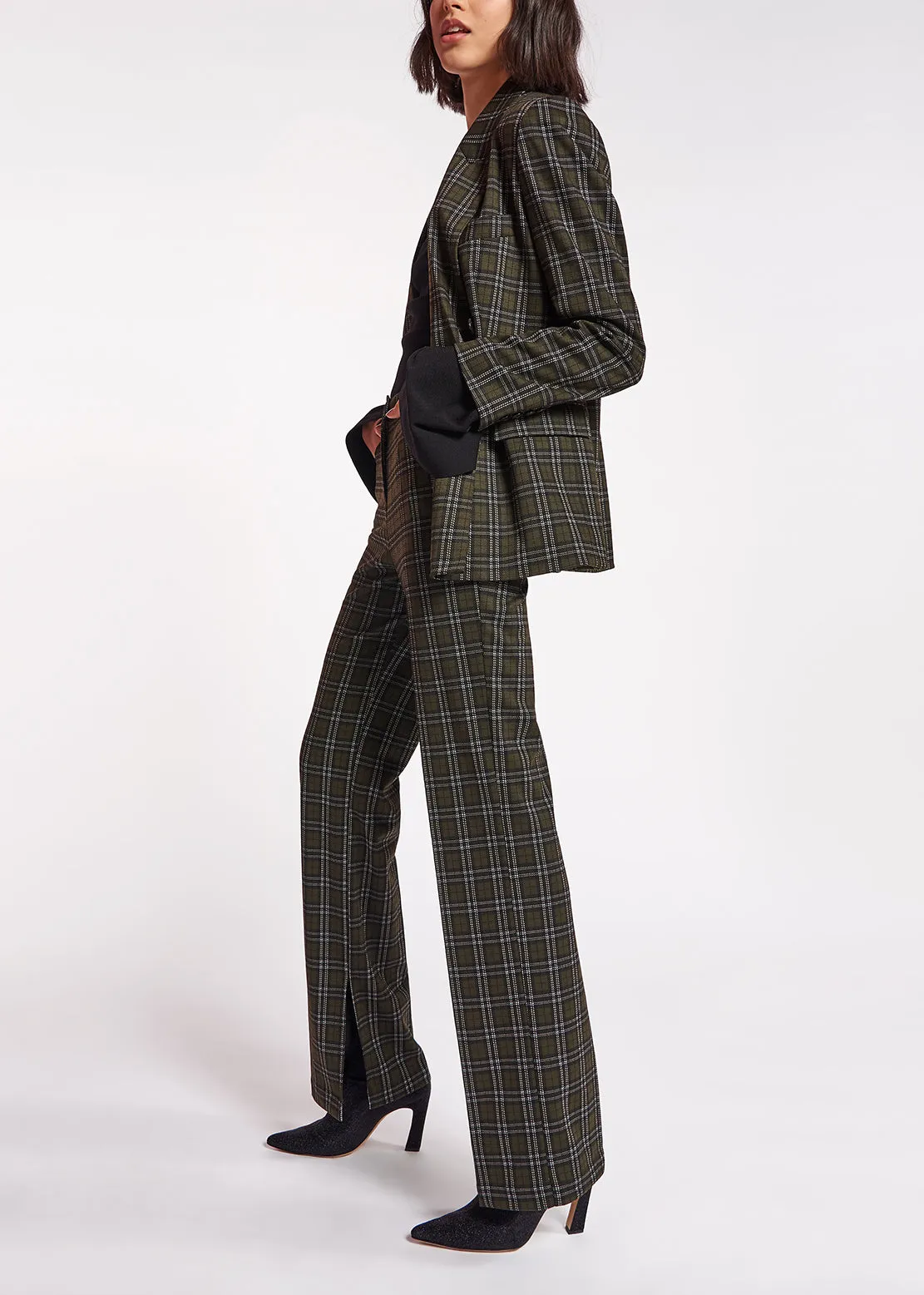 Khaki double-breasted check blazer