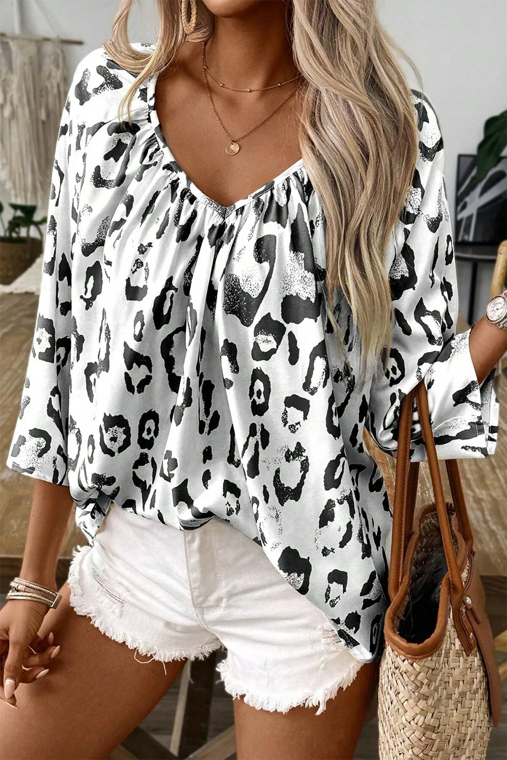 Khaki Leopard Print Split Neck Balloon Sleeve Blouse