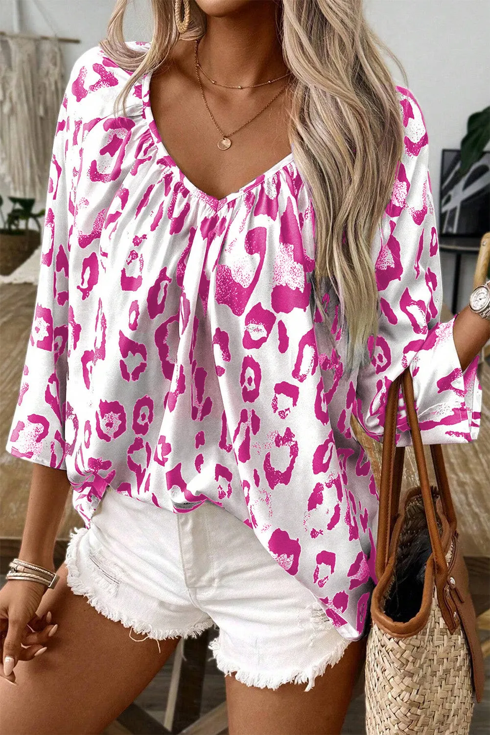 Khaki Leopard Print Split Neck Balloon Sleeve Blouse
