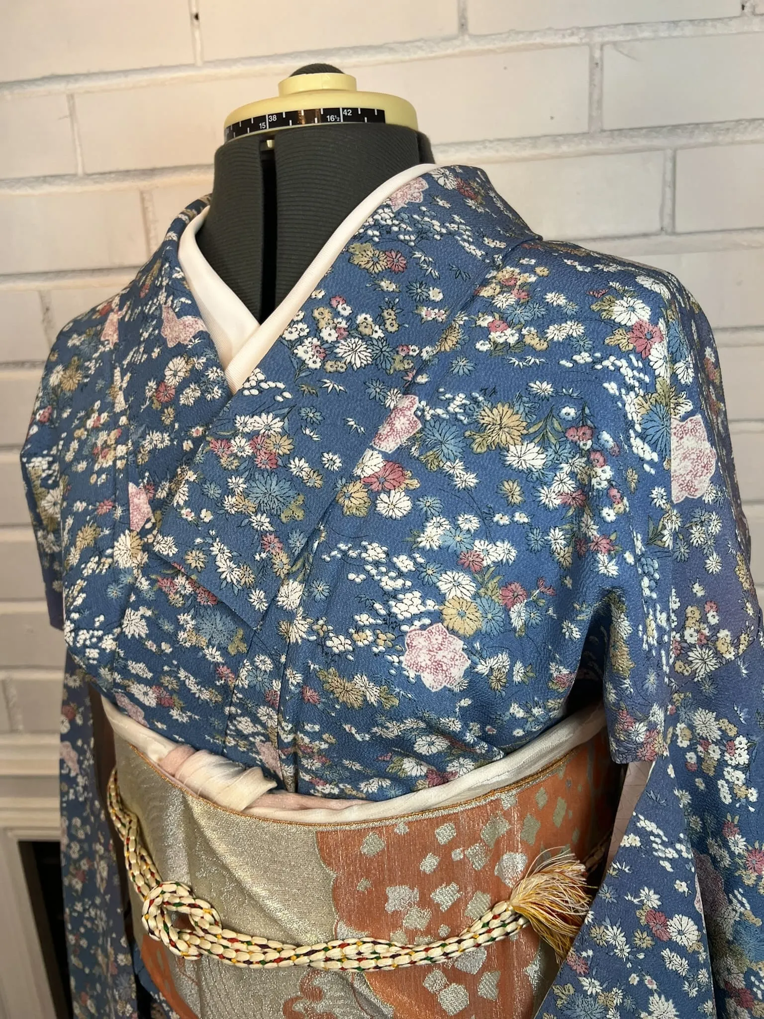 KIMONO and OBI 2 pc set, Floral, Blue, Size: S-M / Japanese Traditional Women's Kimono and Nagoya Obi