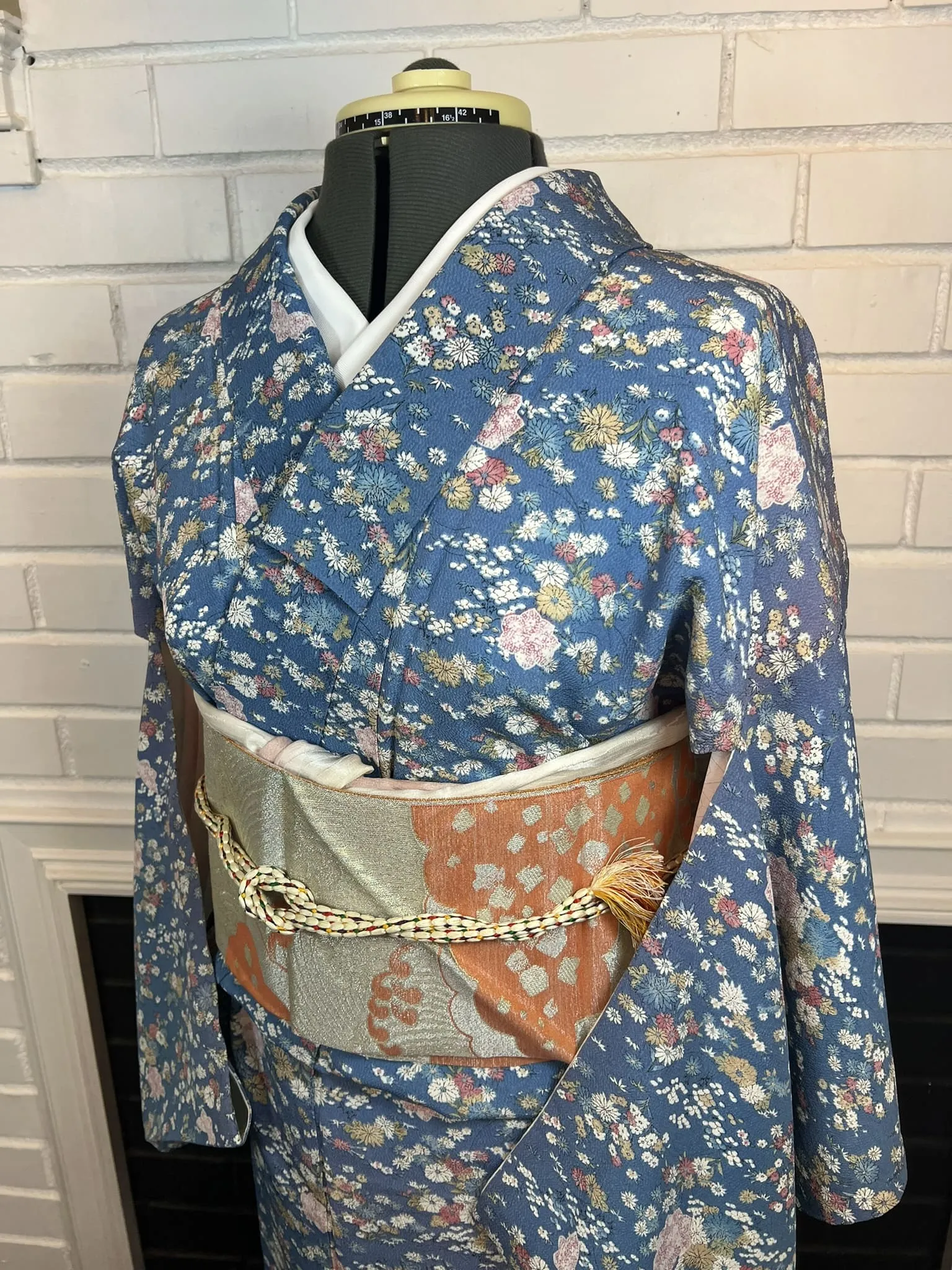 KIMONO and OBI 2 pc set, Floral, Blue, Size: S-M / Japanese Traditional Women's Kimono and Nagoya Obi