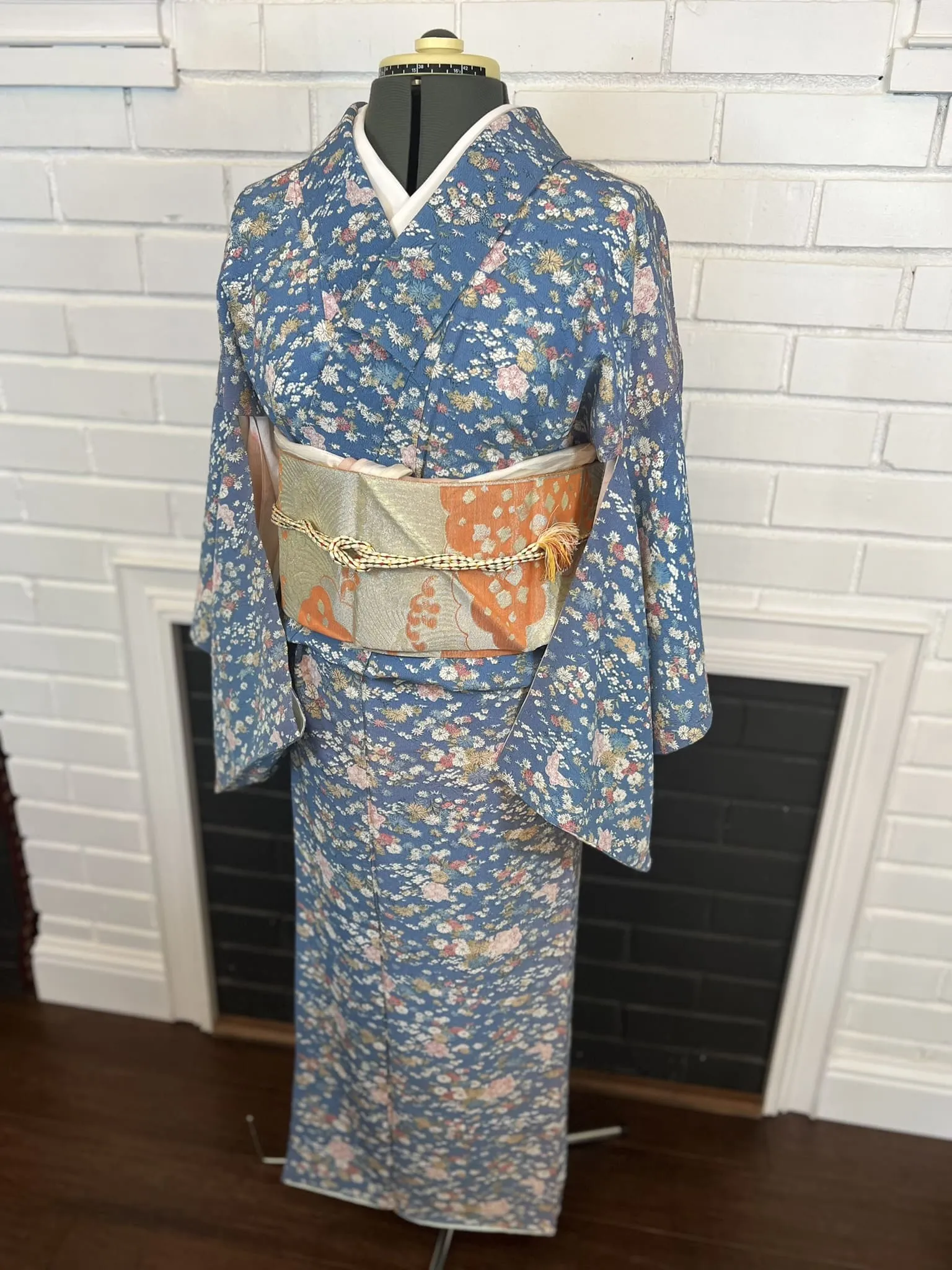 KIMONO and OBI 2 pc set, Floral, Blue, Size: S-M / Japanese Traditional Women's Kimono and Nagoya Obi