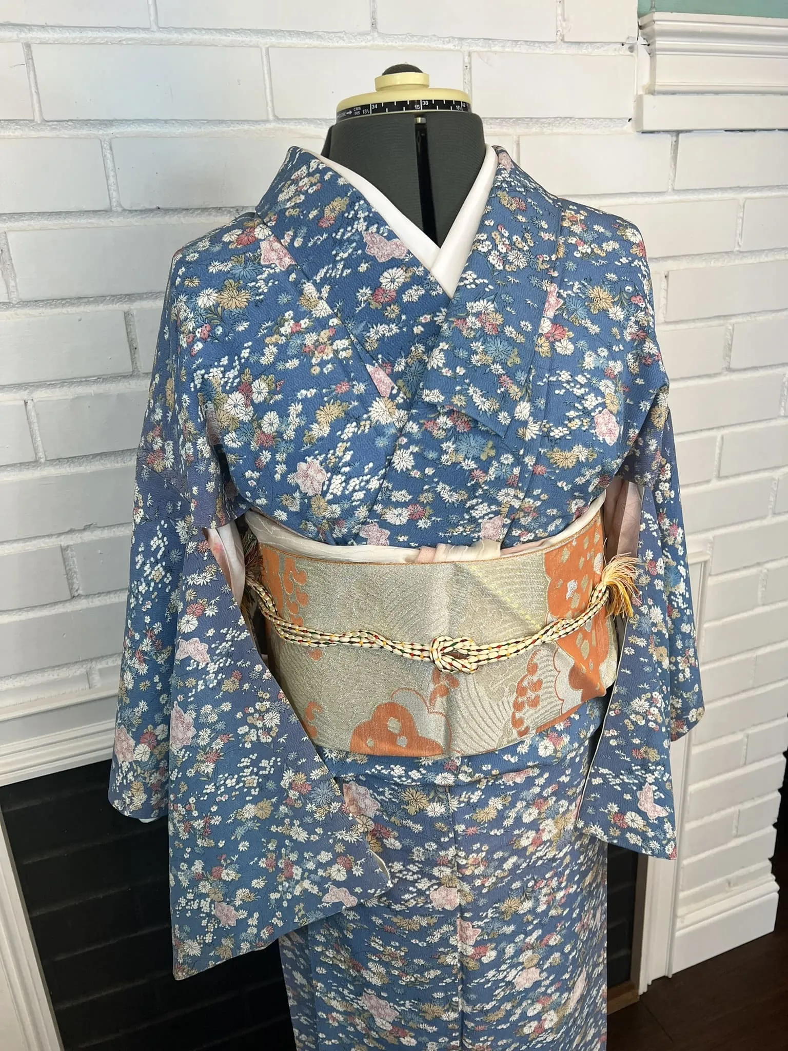 KIMONO and OBI 2 pc set, Floral, Blue, Size: S-M / Japanese Traditional Women's Kimono and Nagoya Obi