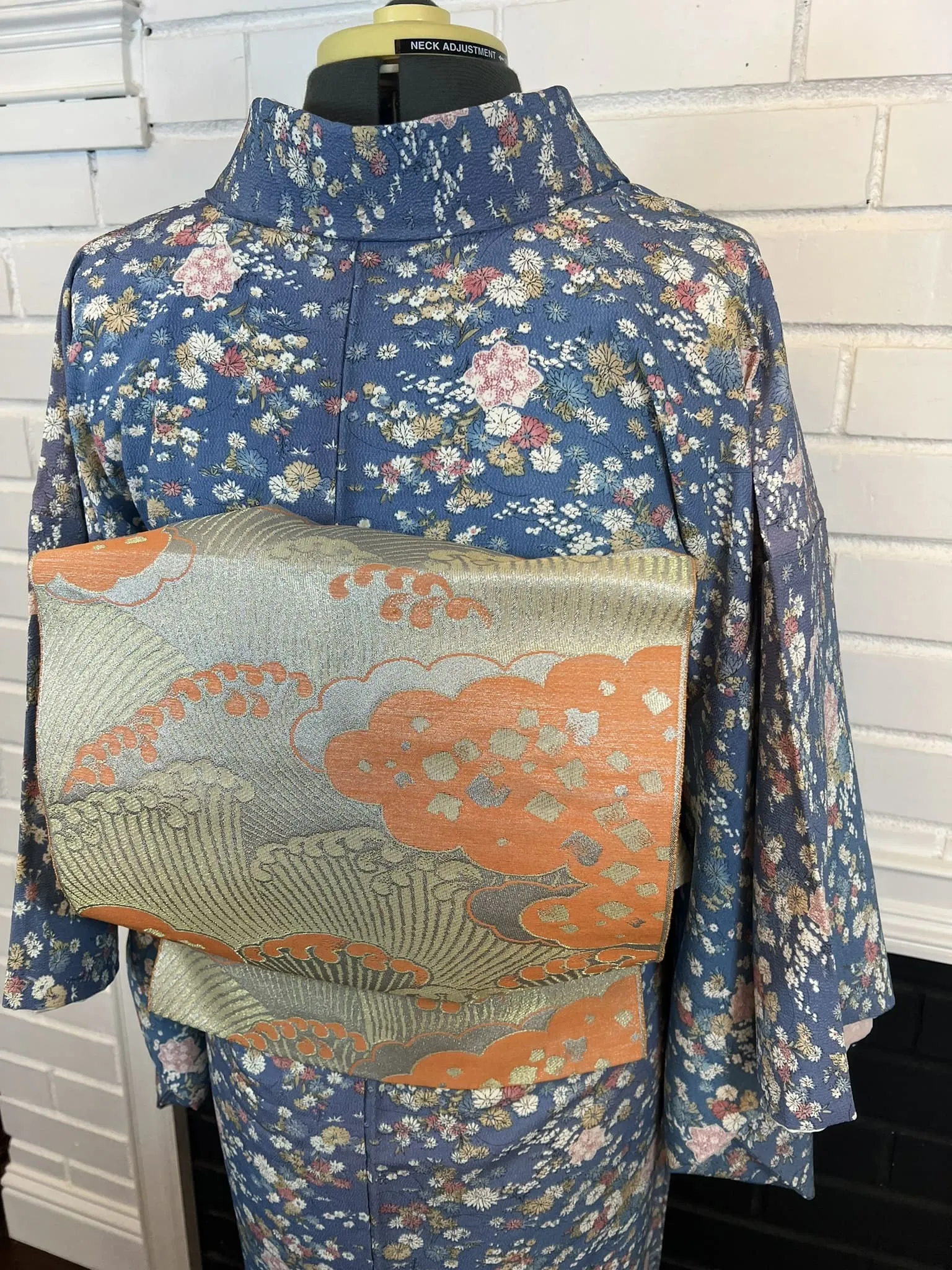 KIMONO and OBI 2 pc set, Floral, Blue, Size: S-M / Japanese Traditional Women's Kimono and Nagoya Obi