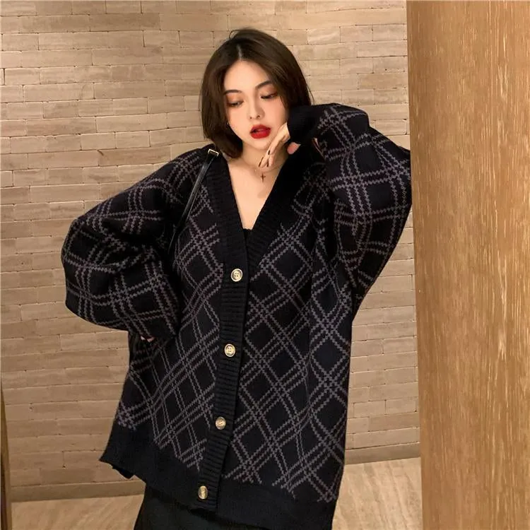 KittenAlarm - Loose Argyle Aesthetic Knitted Cardigan Sweater