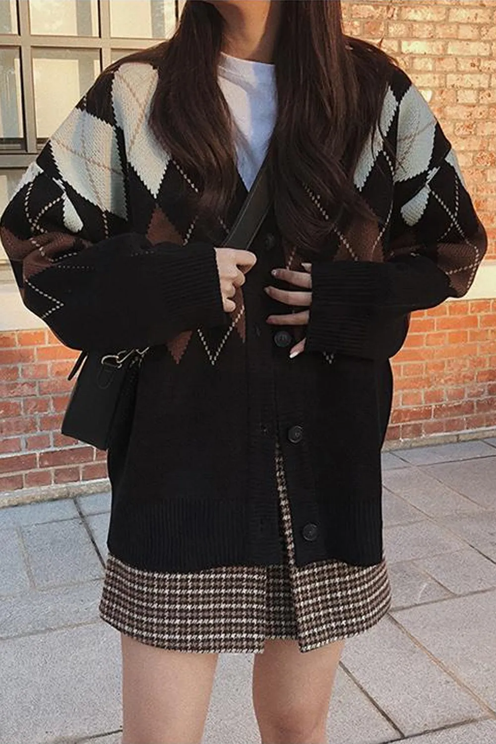 KittenAlarm - Loose Argyle Pattern Black Cardigan Sweater
