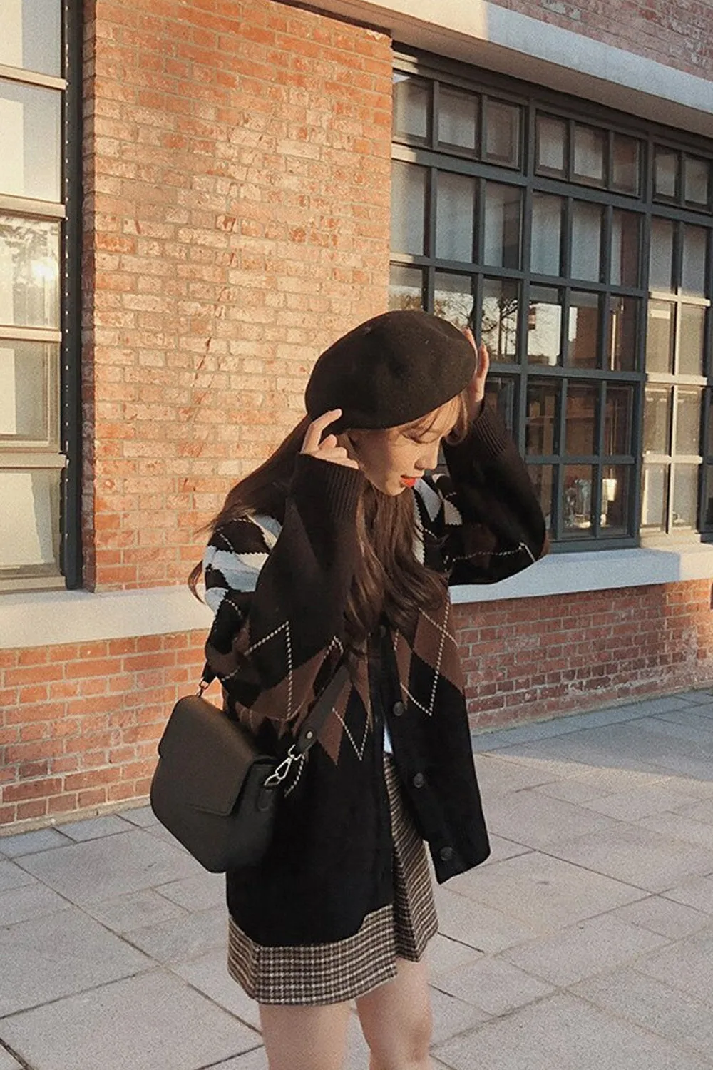 KittenAlarm - Loose Argyle Pattern Black Cardigan Sweater