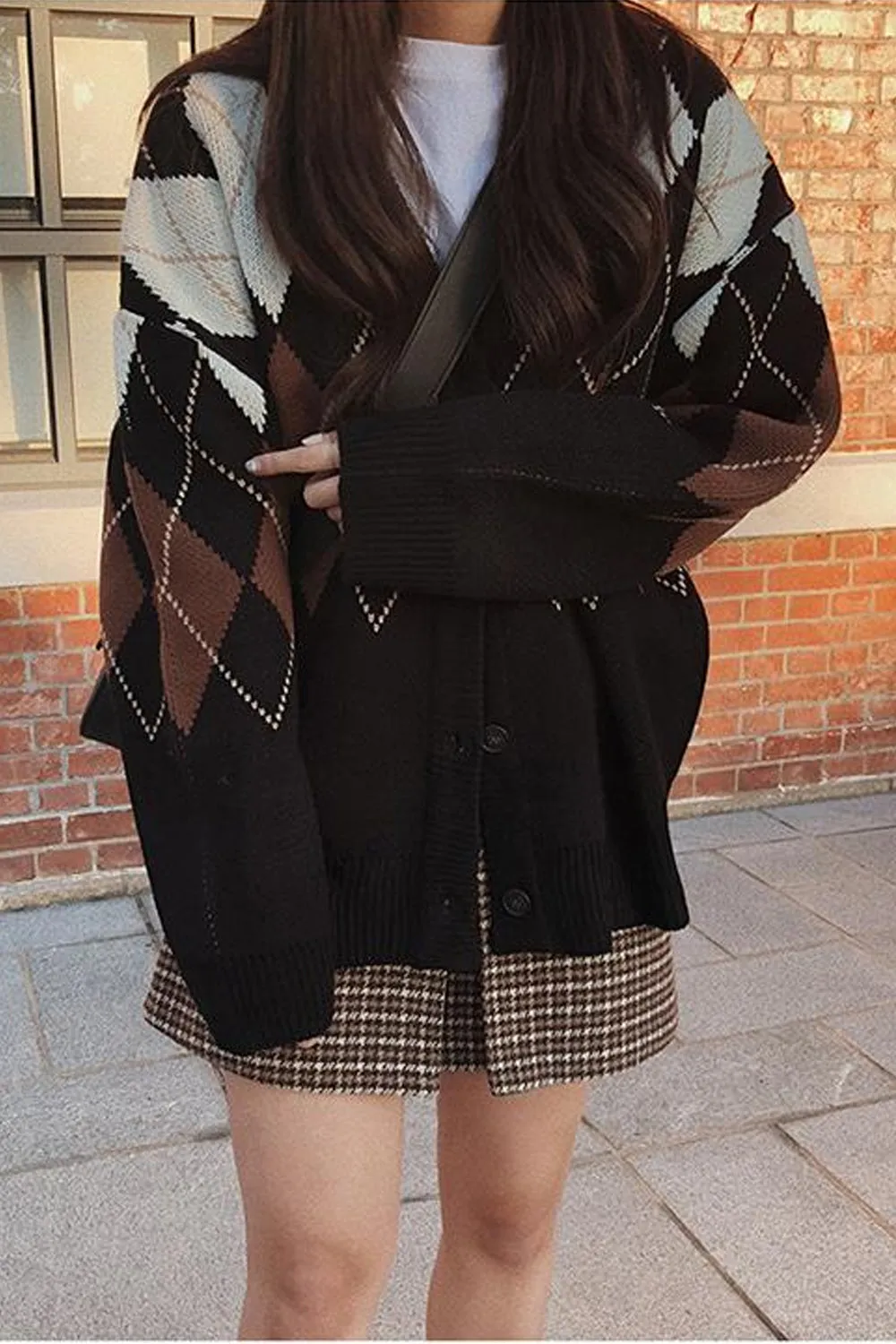 KittenAlarm - Loose Argyle Pattern Black Cardigan Sweater