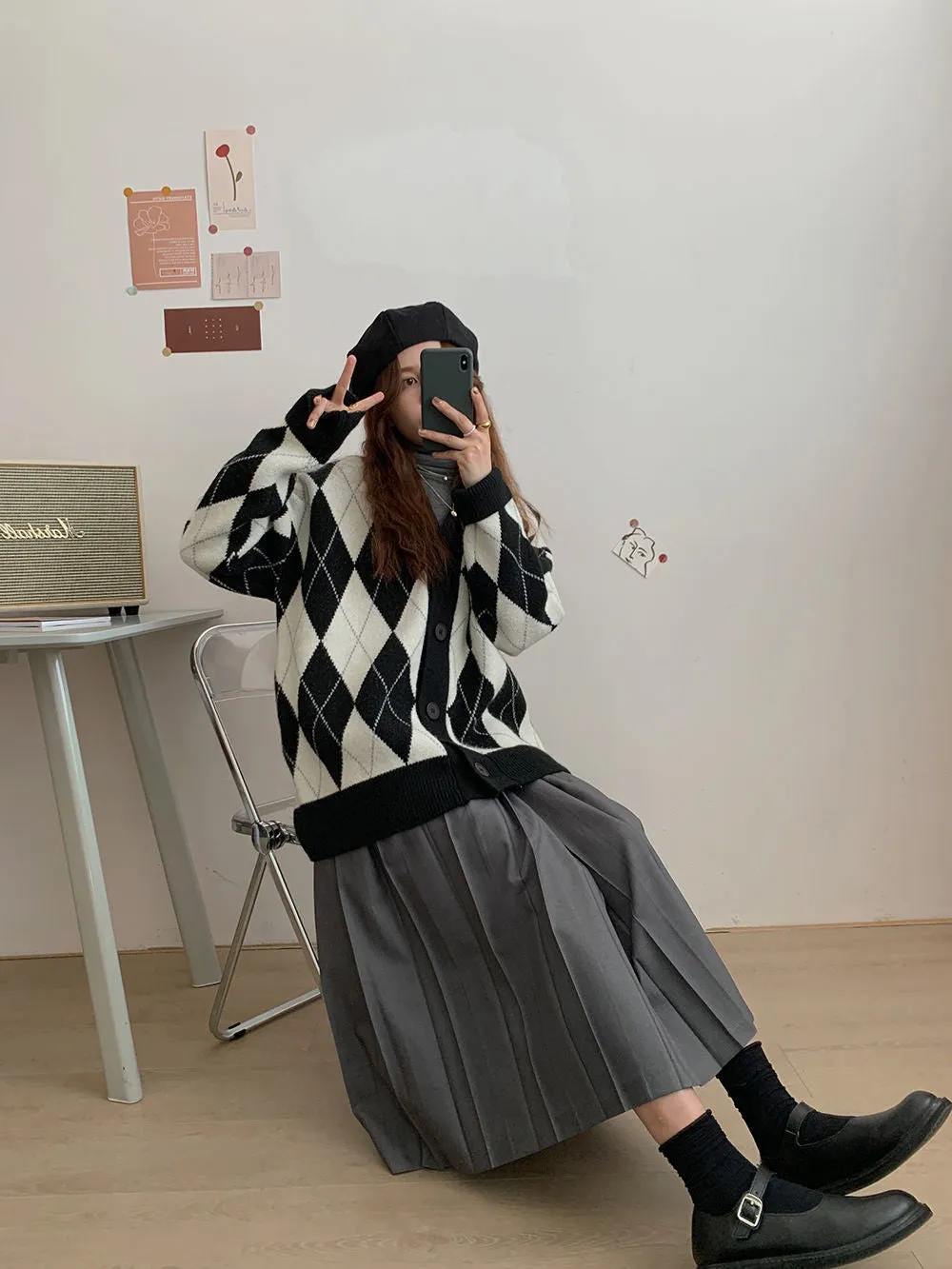 KittenAlarm - Loose Argyle Pattern V-Neck Cardigan Sweater