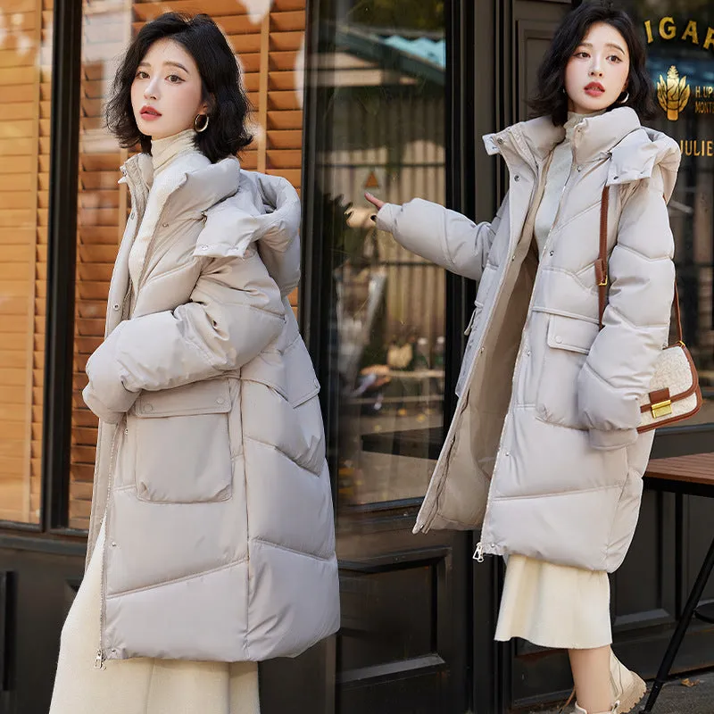 Knee-length Solid Hooded Puffer Jacket with Full Zip for Women