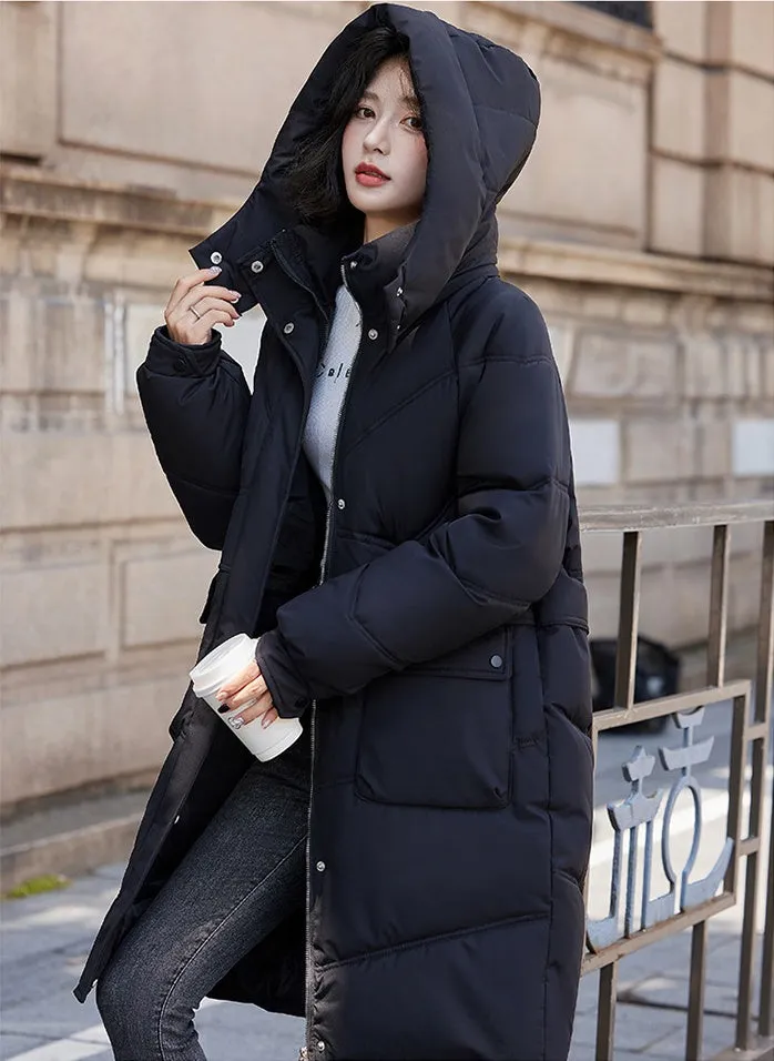 Knee-length Solid Hooded Puffer Jacket with Full Zip for Women