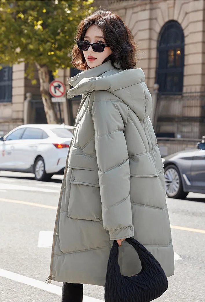 Knee-length Solid Hooded Puffer Jacket with Full Zip for Women