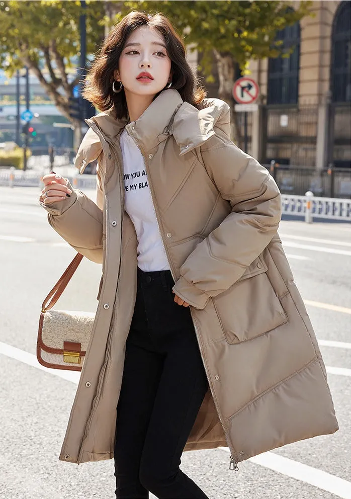 Knee-length Solid Hooded Puffer Jacket with Full Zip for Women