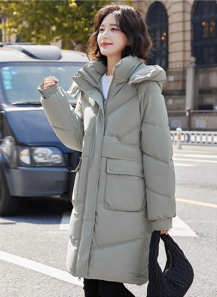 Knee-length Solid Hooded Puffer Jacket with Full Zip for Women