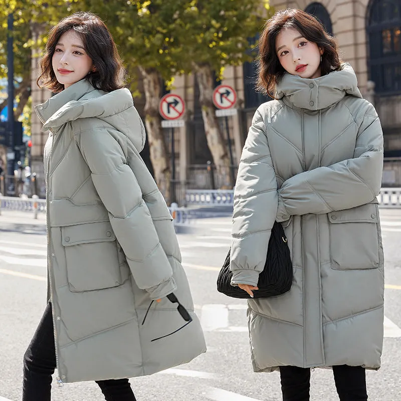 Knee-length Solid Hooded Puffer Jacket with Full Zip for Women